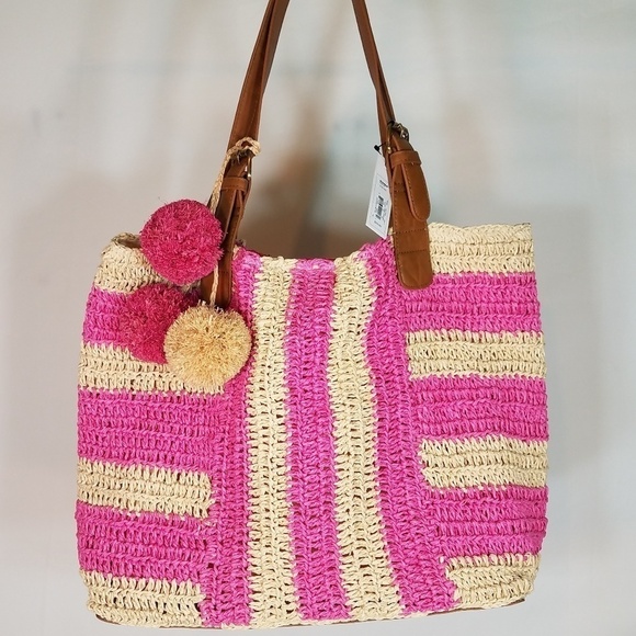 NWT Sonoma pink beige striped lined woven beach tote bag Pom Pom accent - Picture 1 of 7